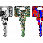 Illustration de trois clés colorées, représentation des clés de chiffrement utilisées en cryptographie.